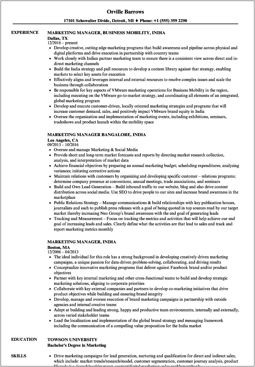 Sales And Marketing Manager Job Resume