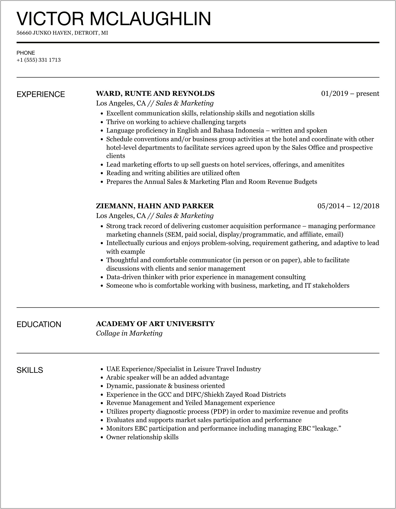 Sales And Marketing Resume Sample Doc