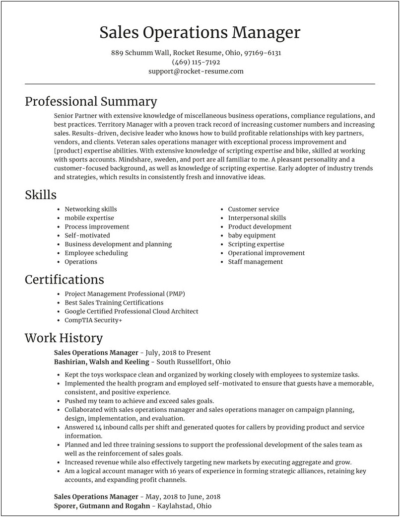 Sales And Operations Manager Resume Summary Statement