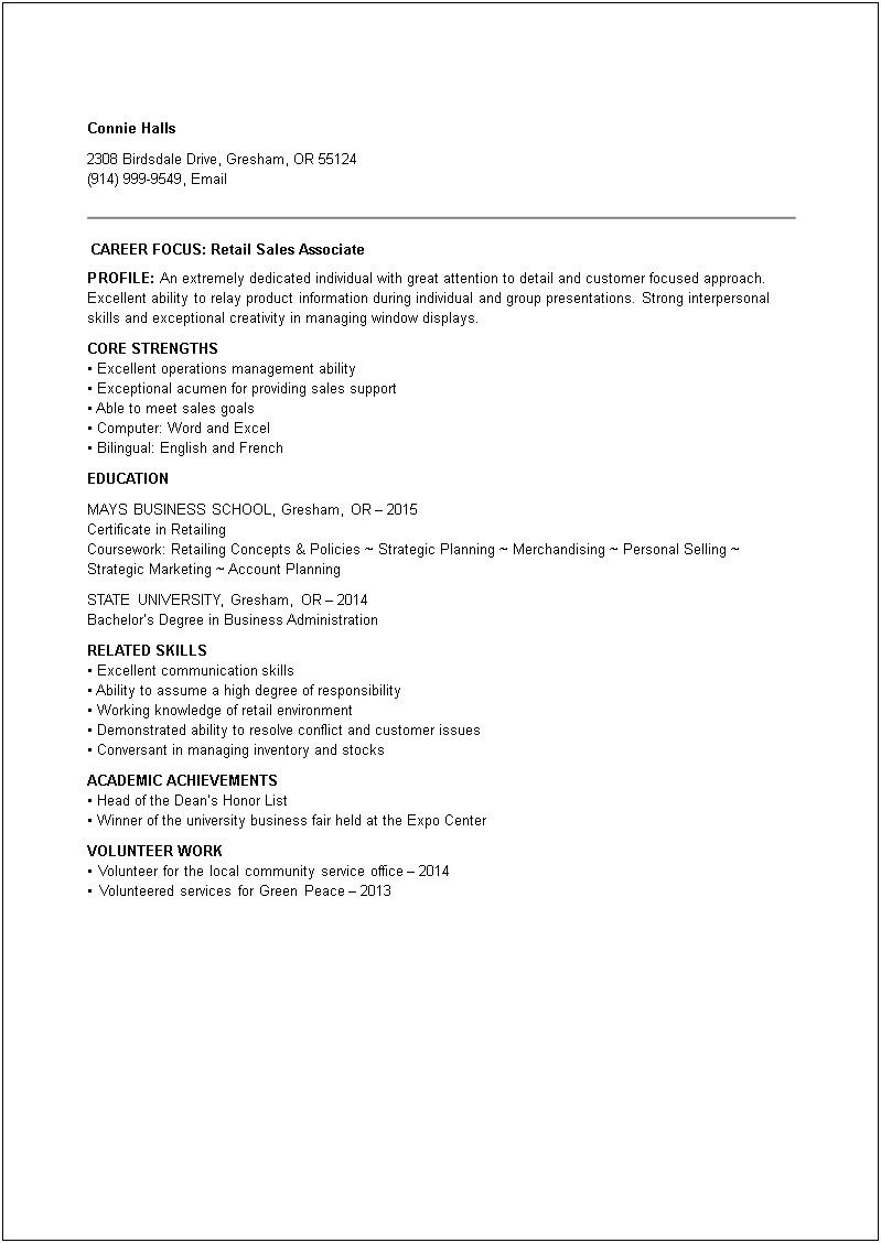 Sales Associate Resume Objective No Experience Samples
