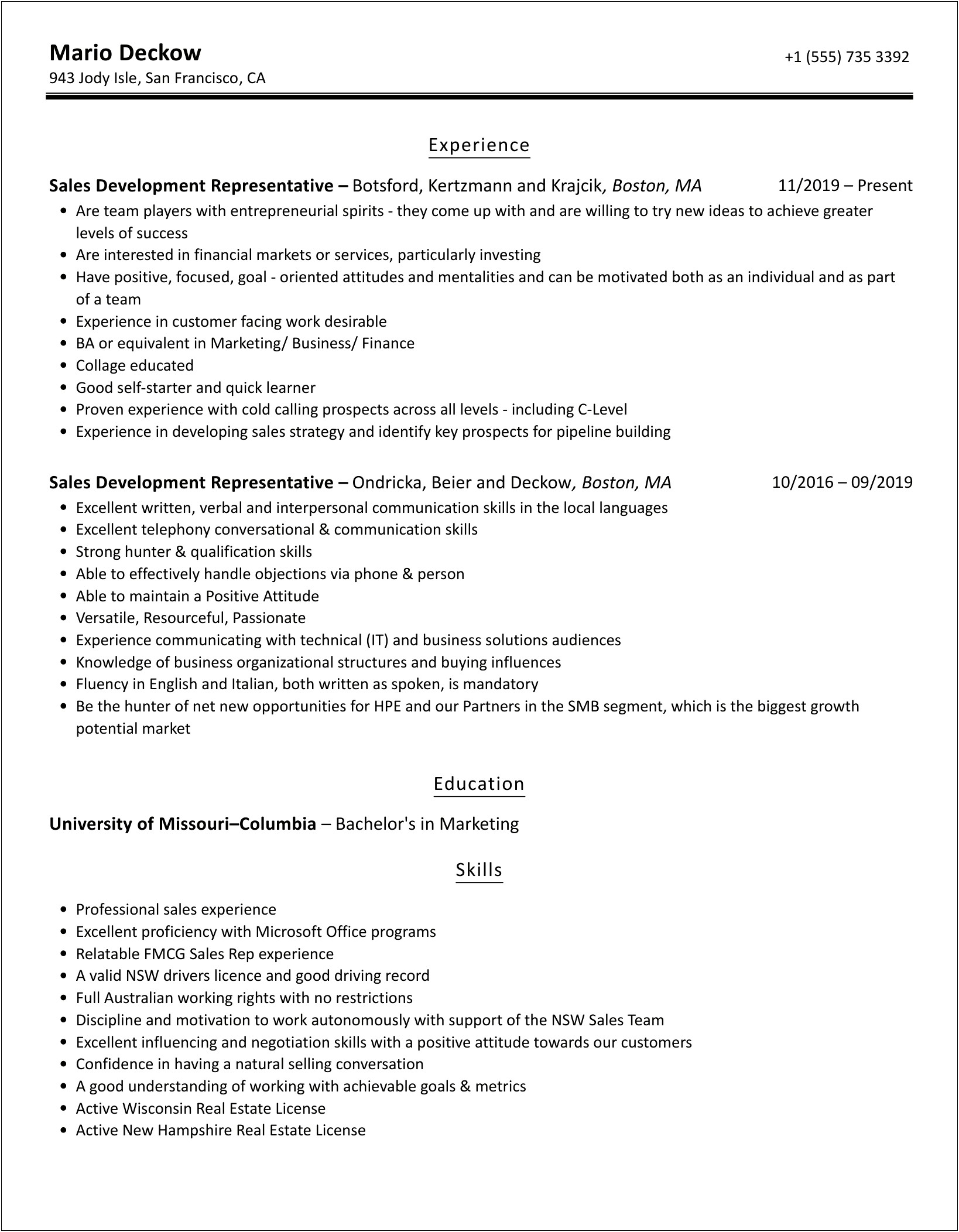 Sales Development Representative Job Description For Resume