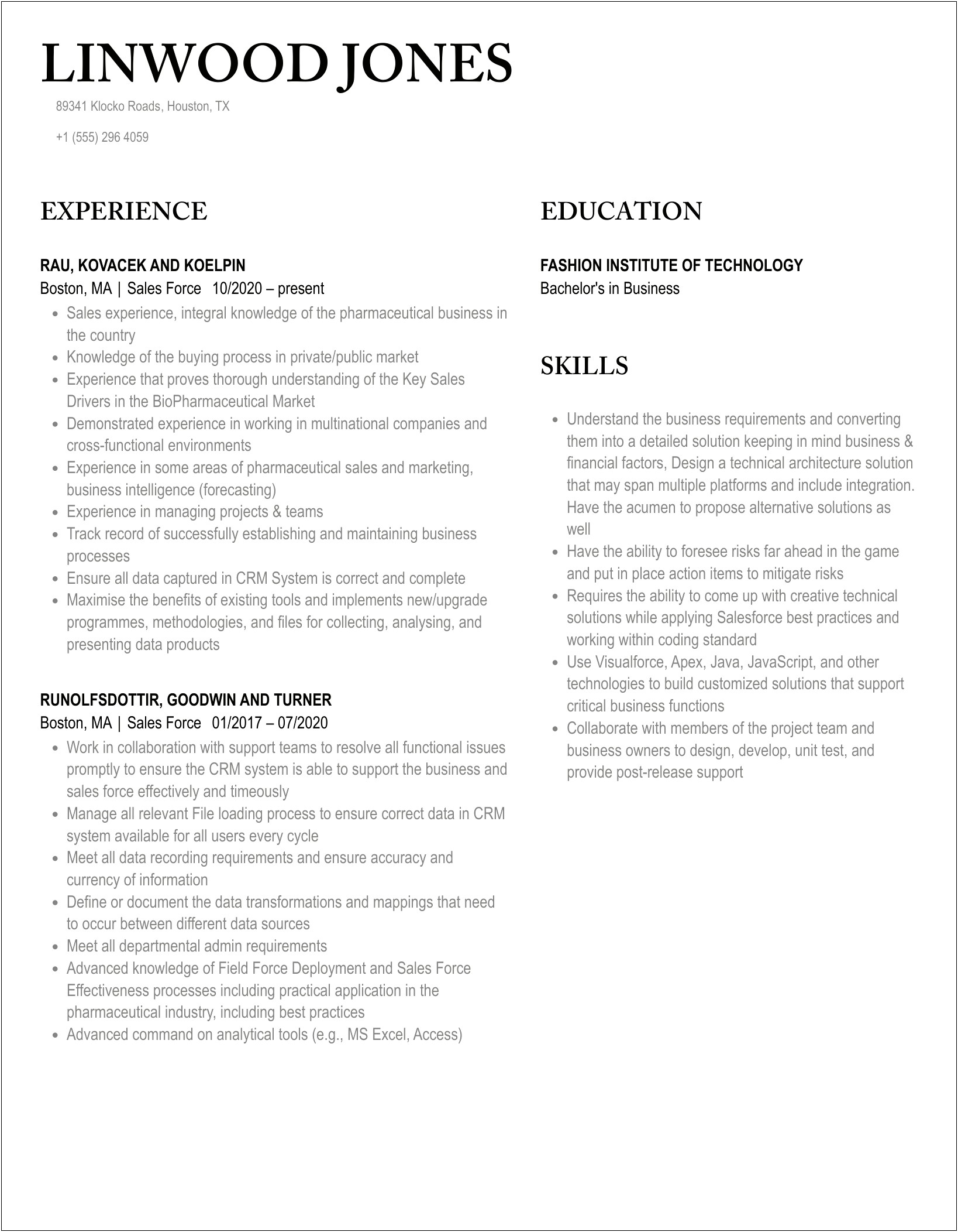Sales Force Experience To Put On A Resume