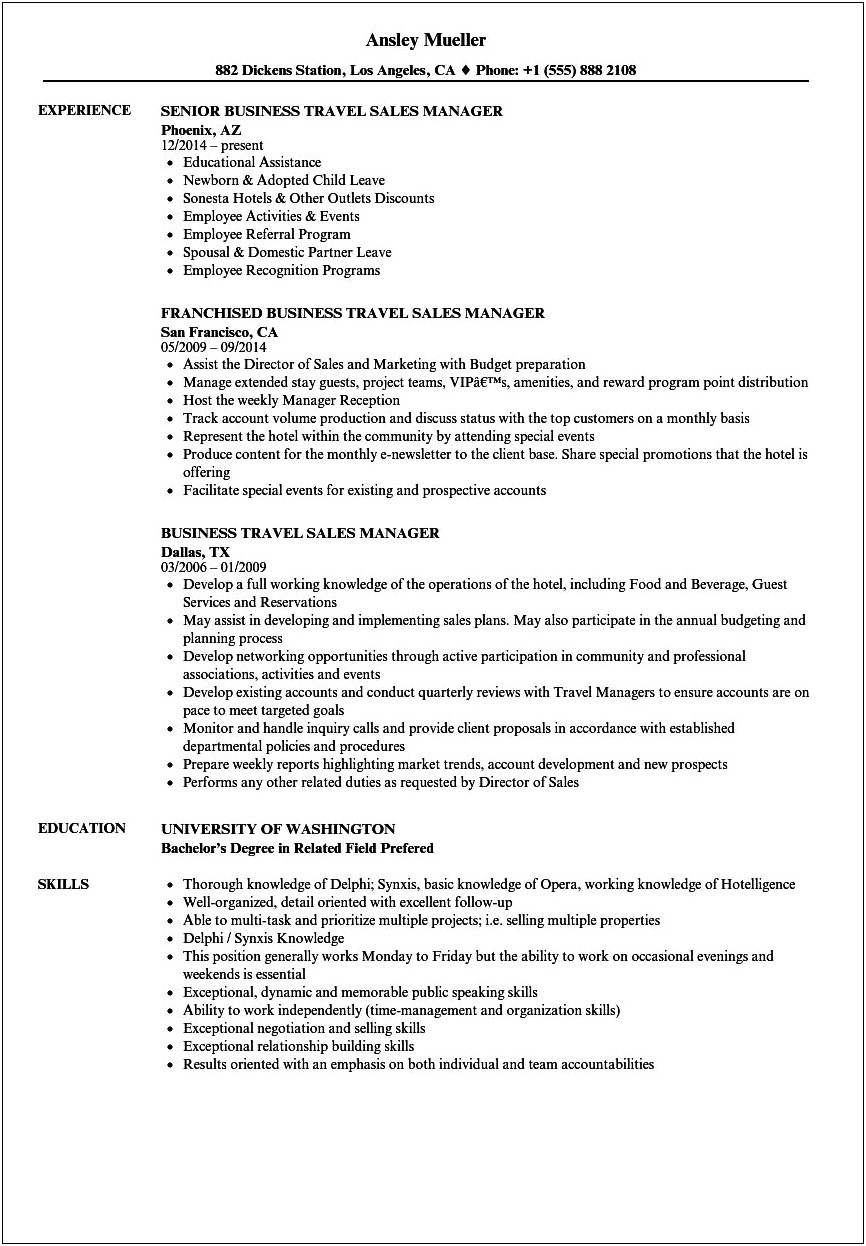 Sales Manager In Travel Agency Resume