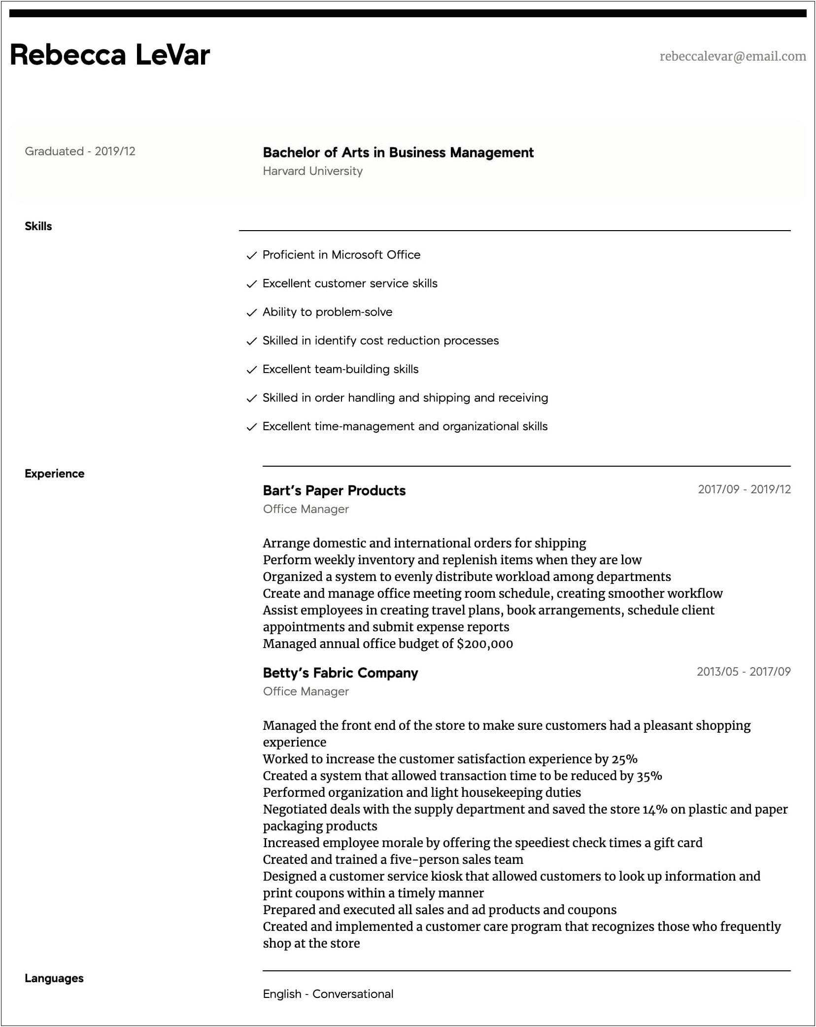 Sales Office Manager Summary For Resume