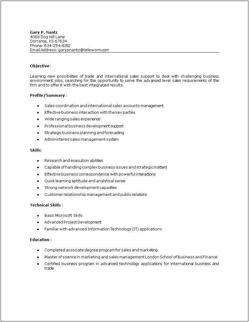 Sales Support Job Description For Resume