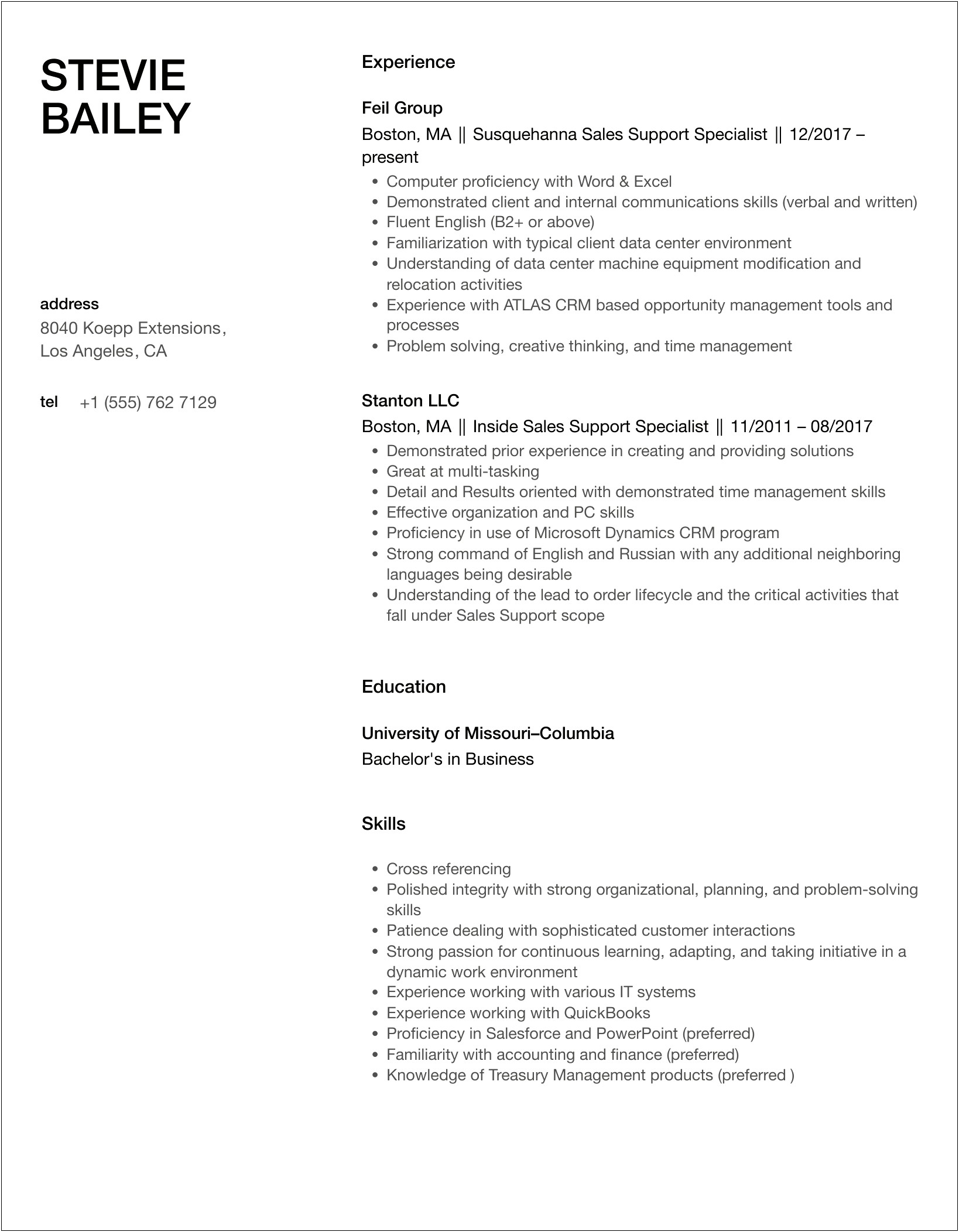 Sales Support Specialist Job Description Resume
