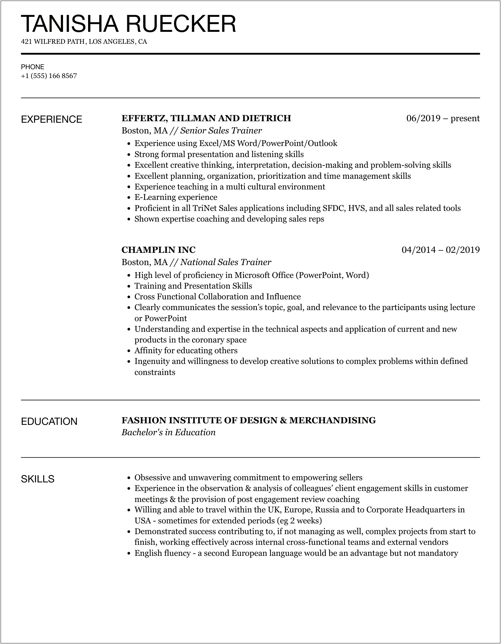 Sales Trainer Job Description For Resume