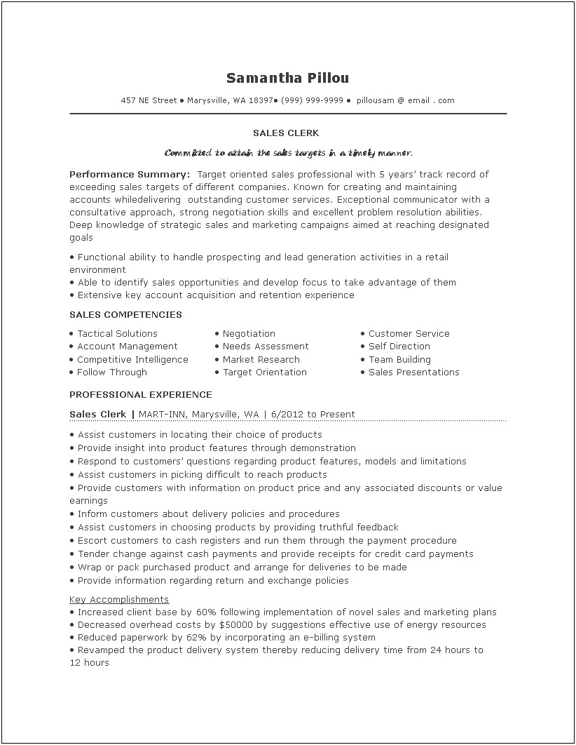Sales Utility Clerk Job Description Resume