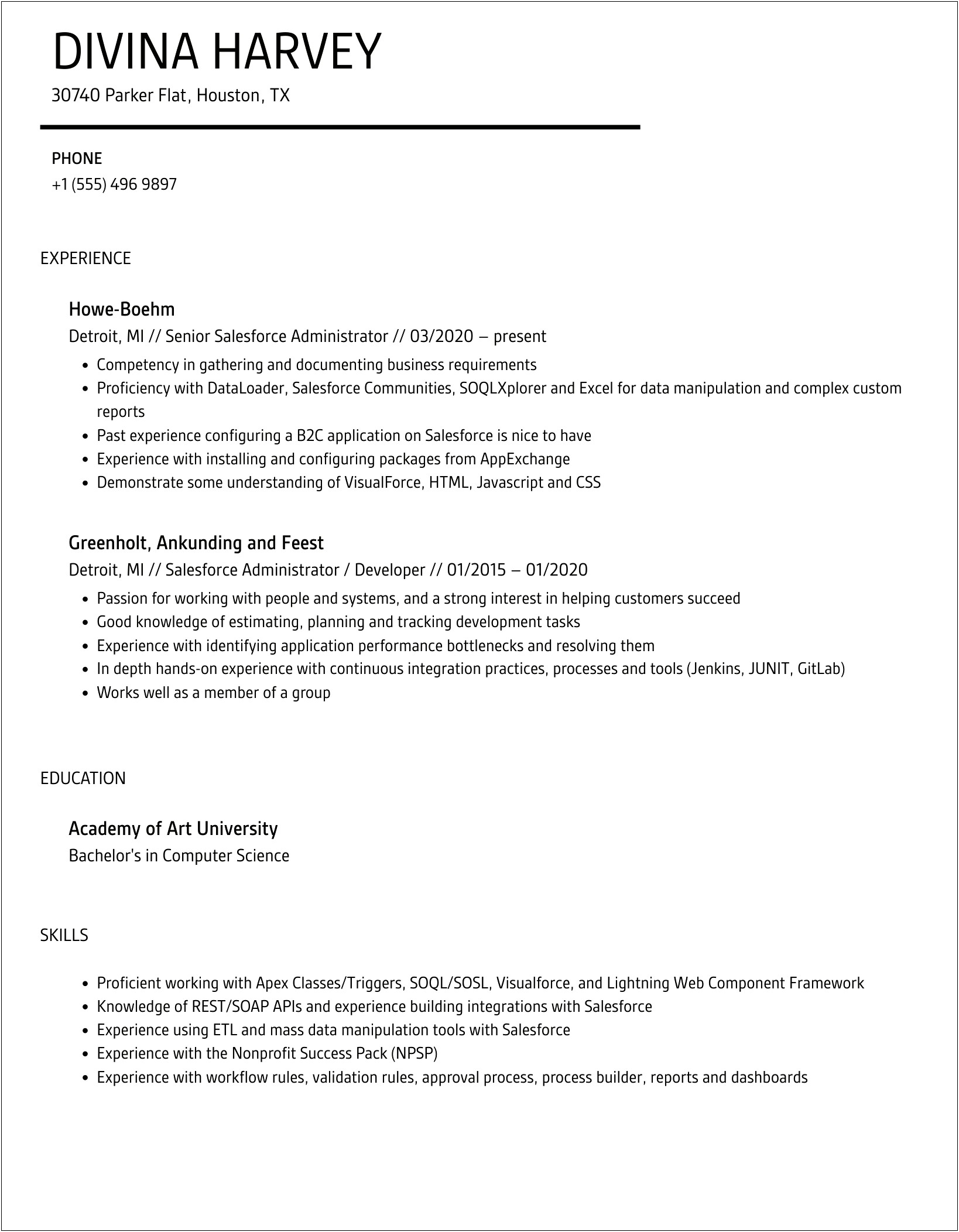 Salesforce Admin Resume For 1 Year Experience