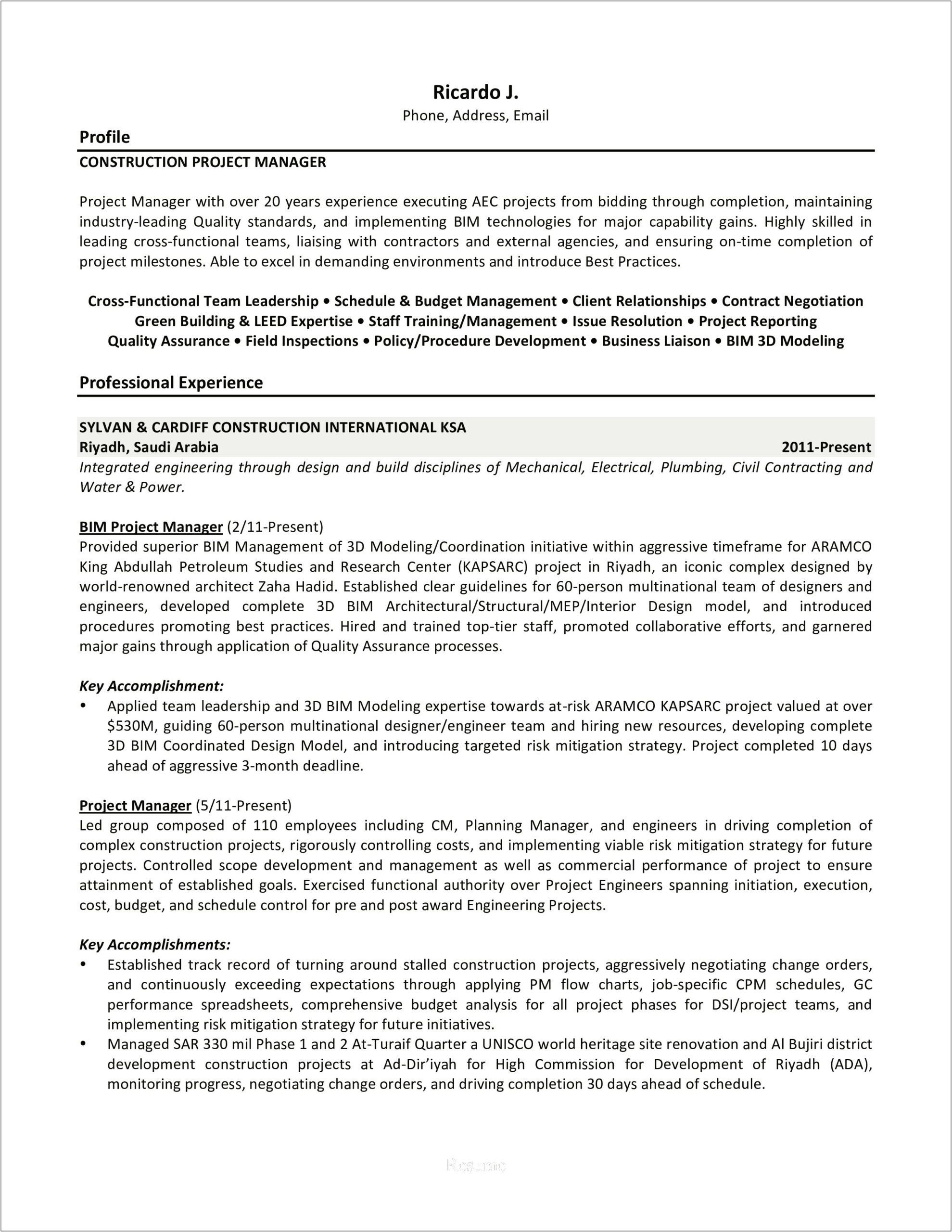 Same Construction Project Manager Resume Examples