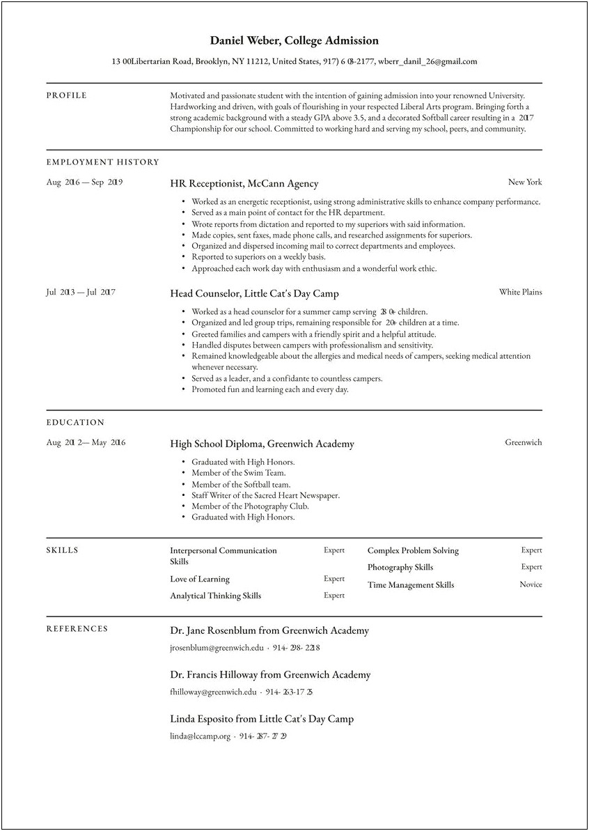 Sample Academic Resume For College Application