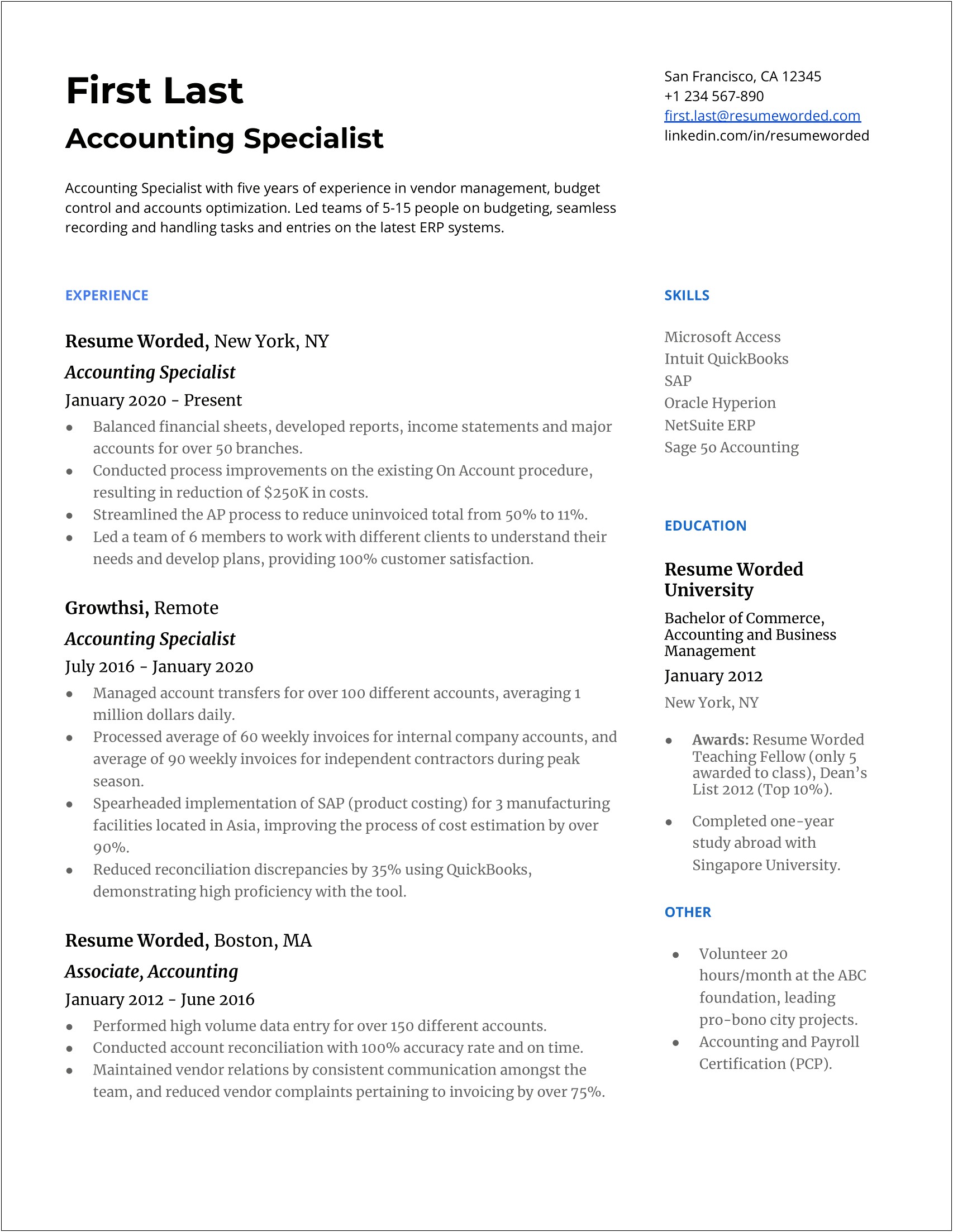 Sample Accounting Resume With Skills Section