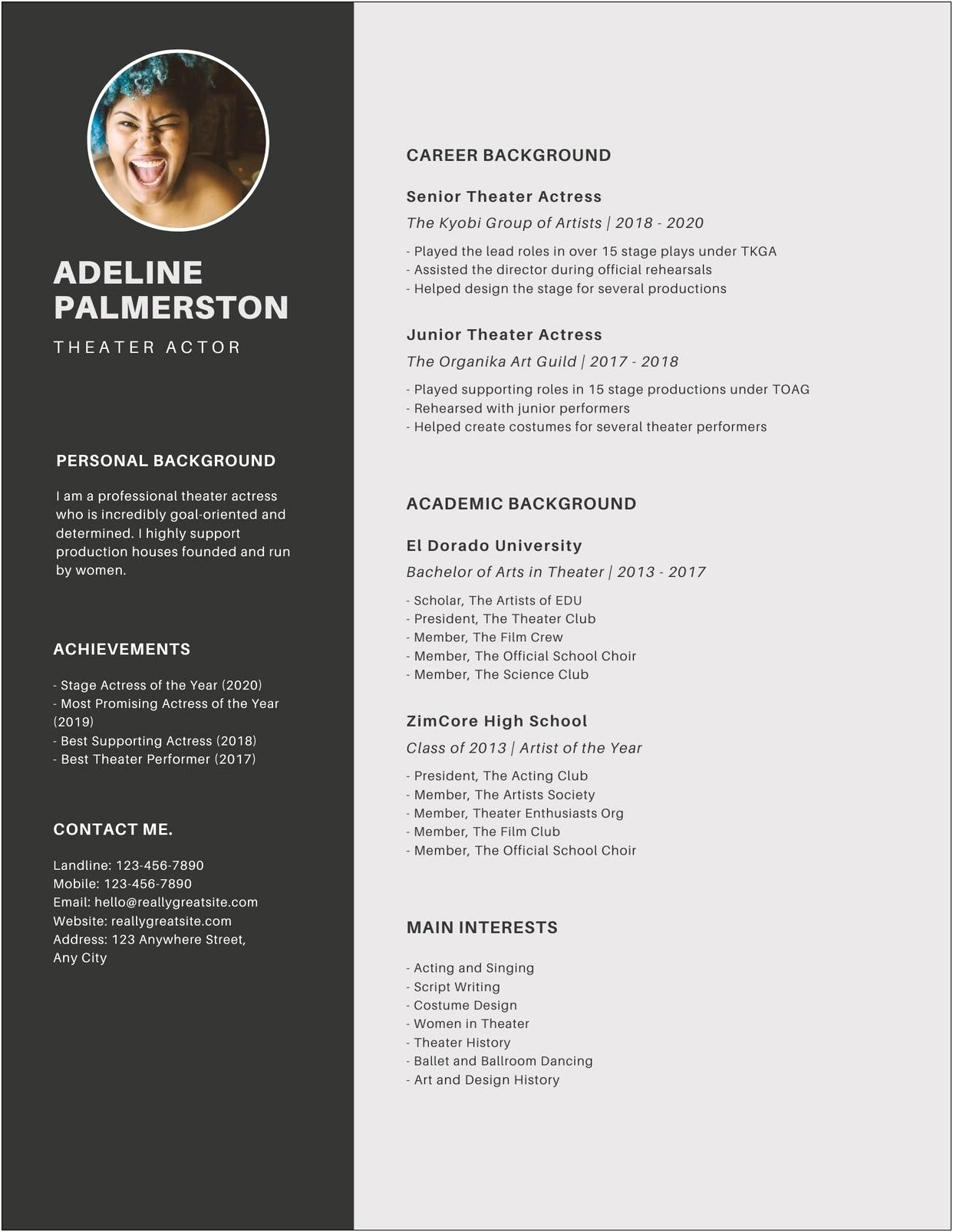 Sample Acting Resume With Agency Listing