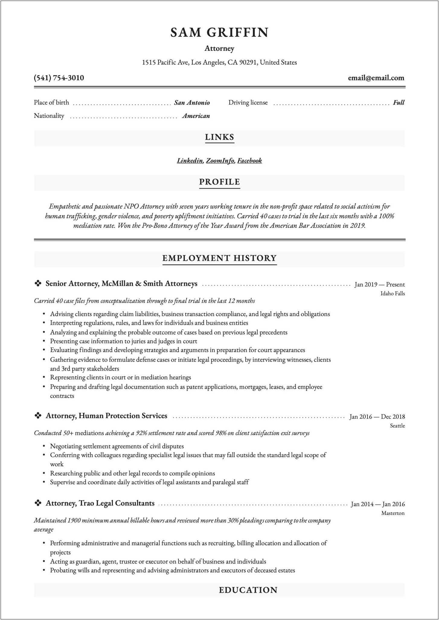 Sample Attorney Resume For Non Legal Job