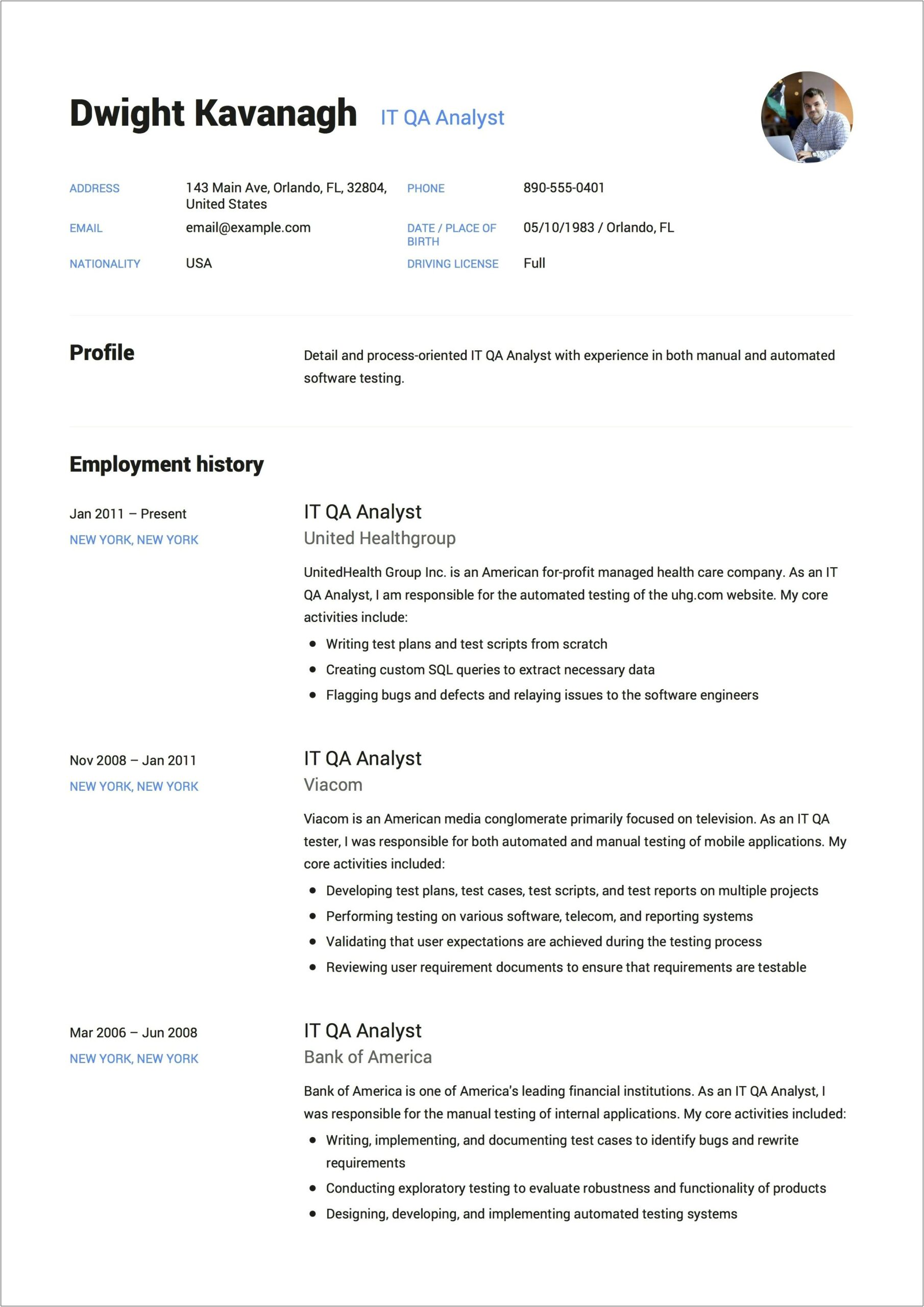 Sample Banking Resume For A Qa