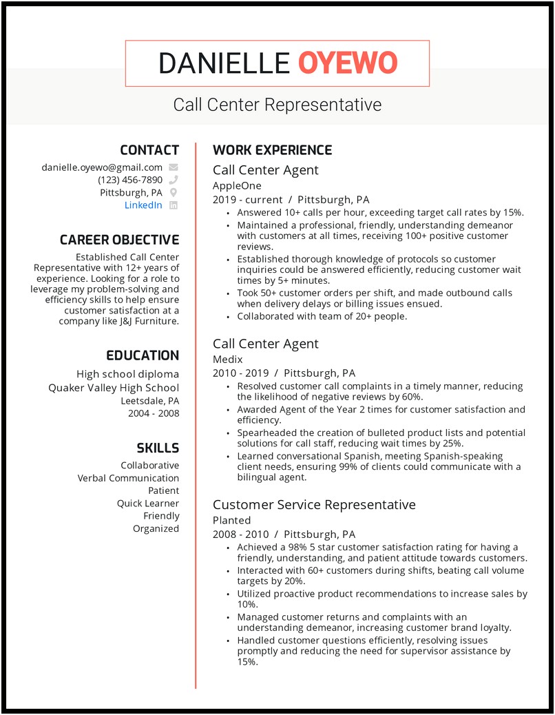 Sample Call Center Resume With Experience
