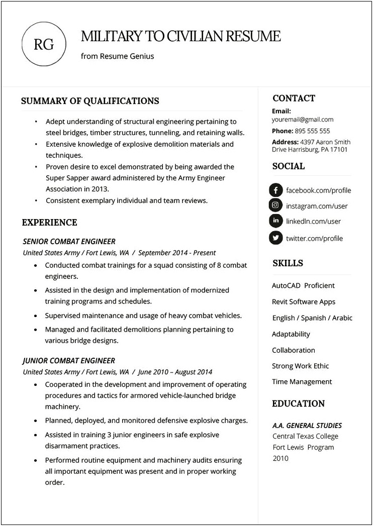 Sample Civilian Resume With Military Experience