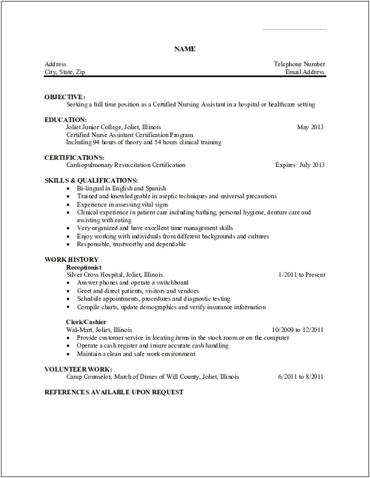 Sample Cna Resume For Hospital Position