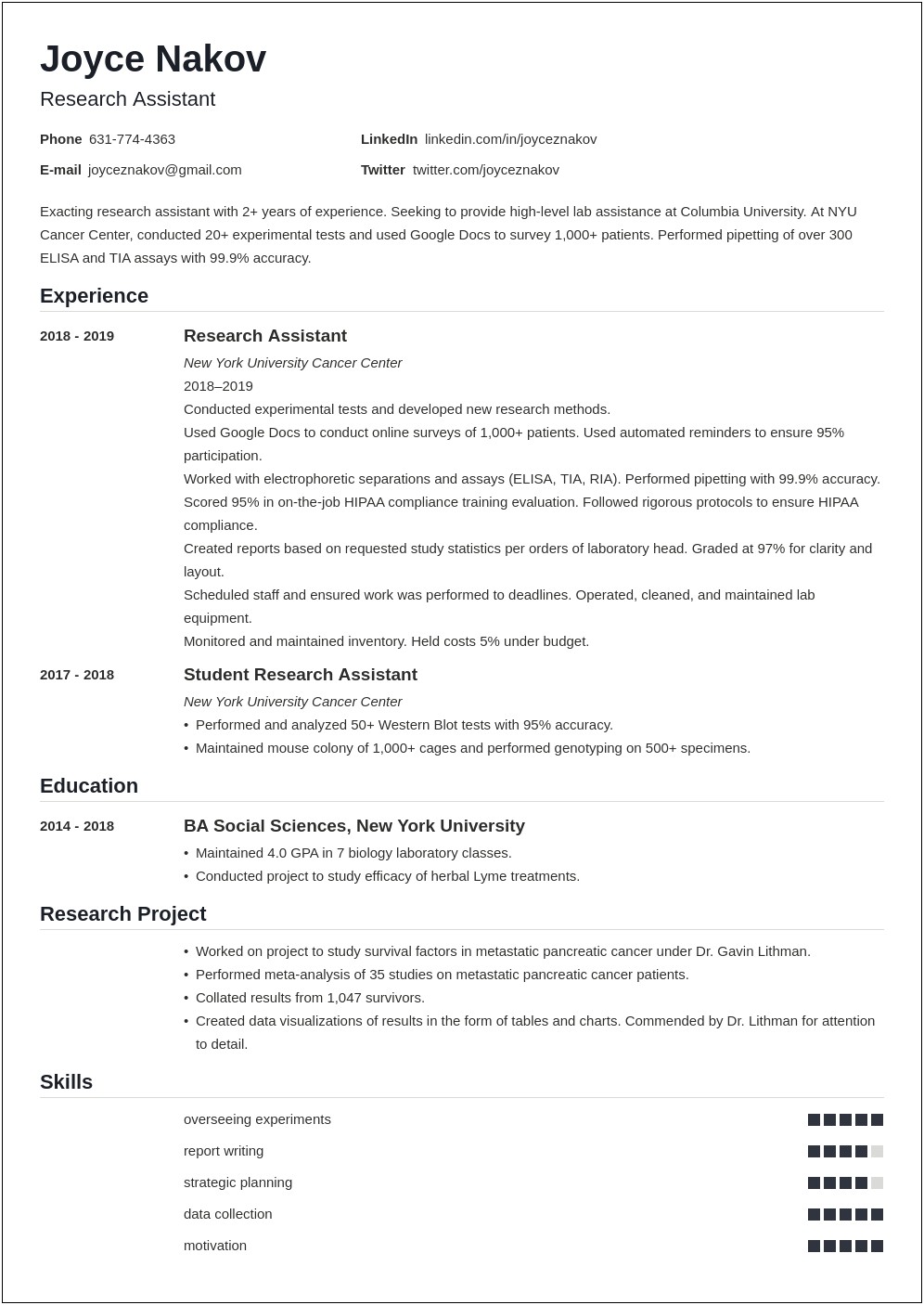 Sample College Student Resumes For Research Postition