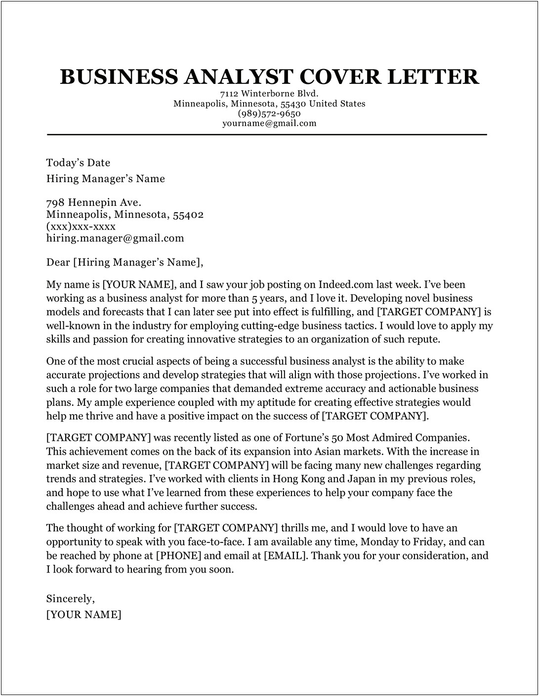 Sample Cover Letter For Business Analyst Resume