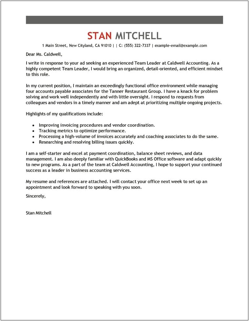 Sample Cover Letter For Resume Lead Position