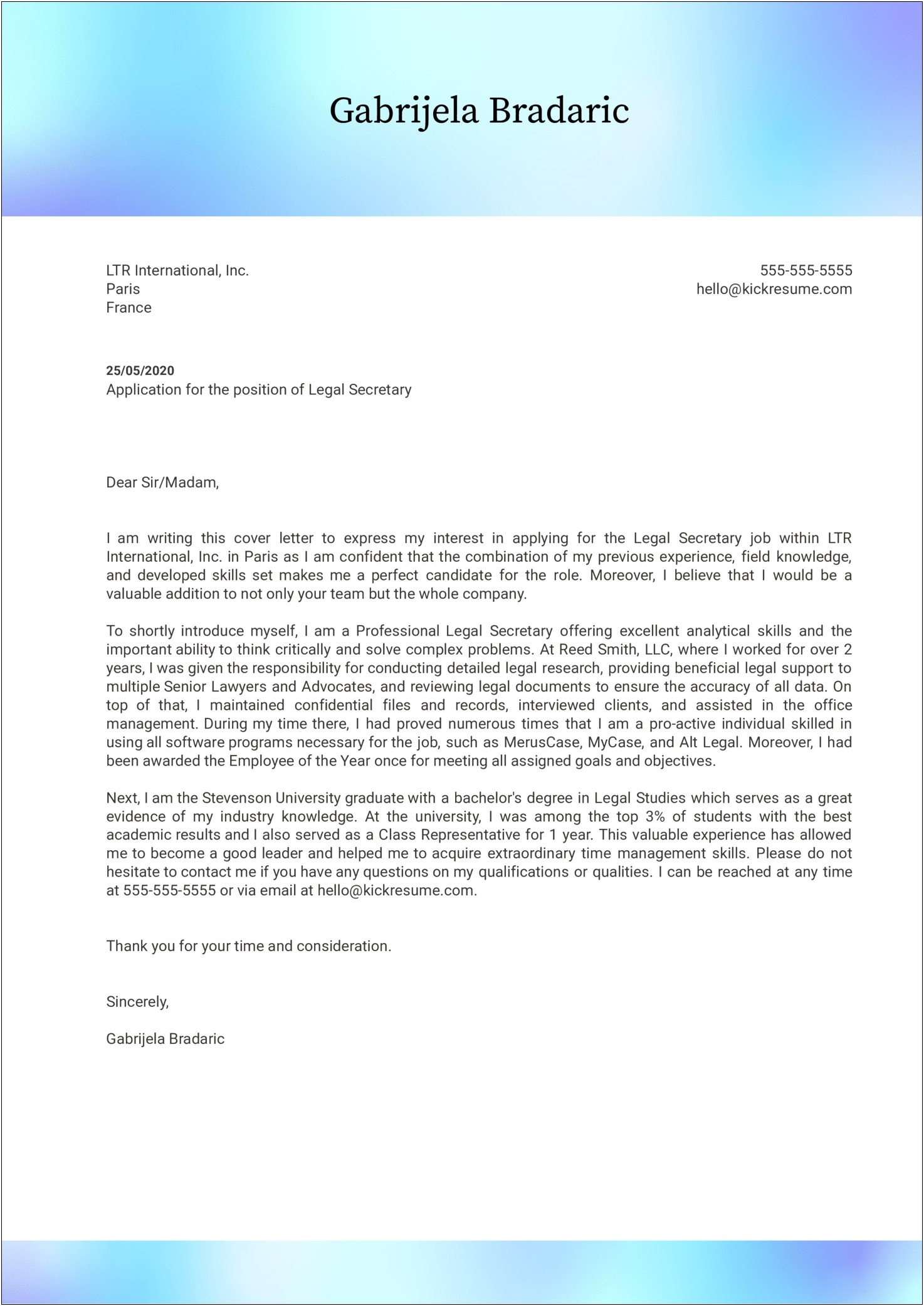 Sample Cover Letter For Resume Legal Secretary