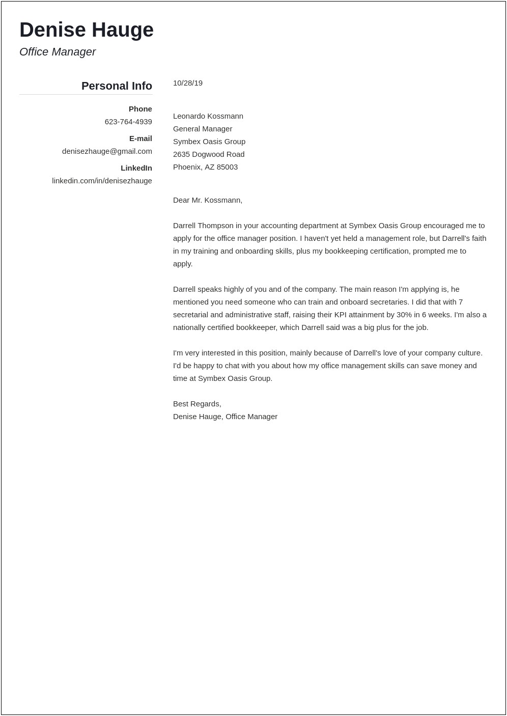 Sample Cover Letter For Resume Office Manager