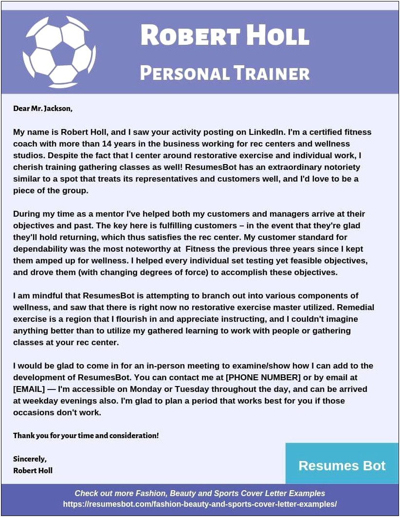 Sample Cover Letter For Resume Personal Trainer