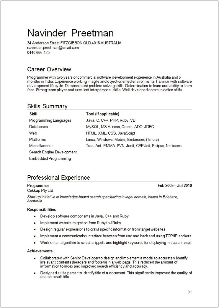 Sample Cover Letter For Resume Programmer