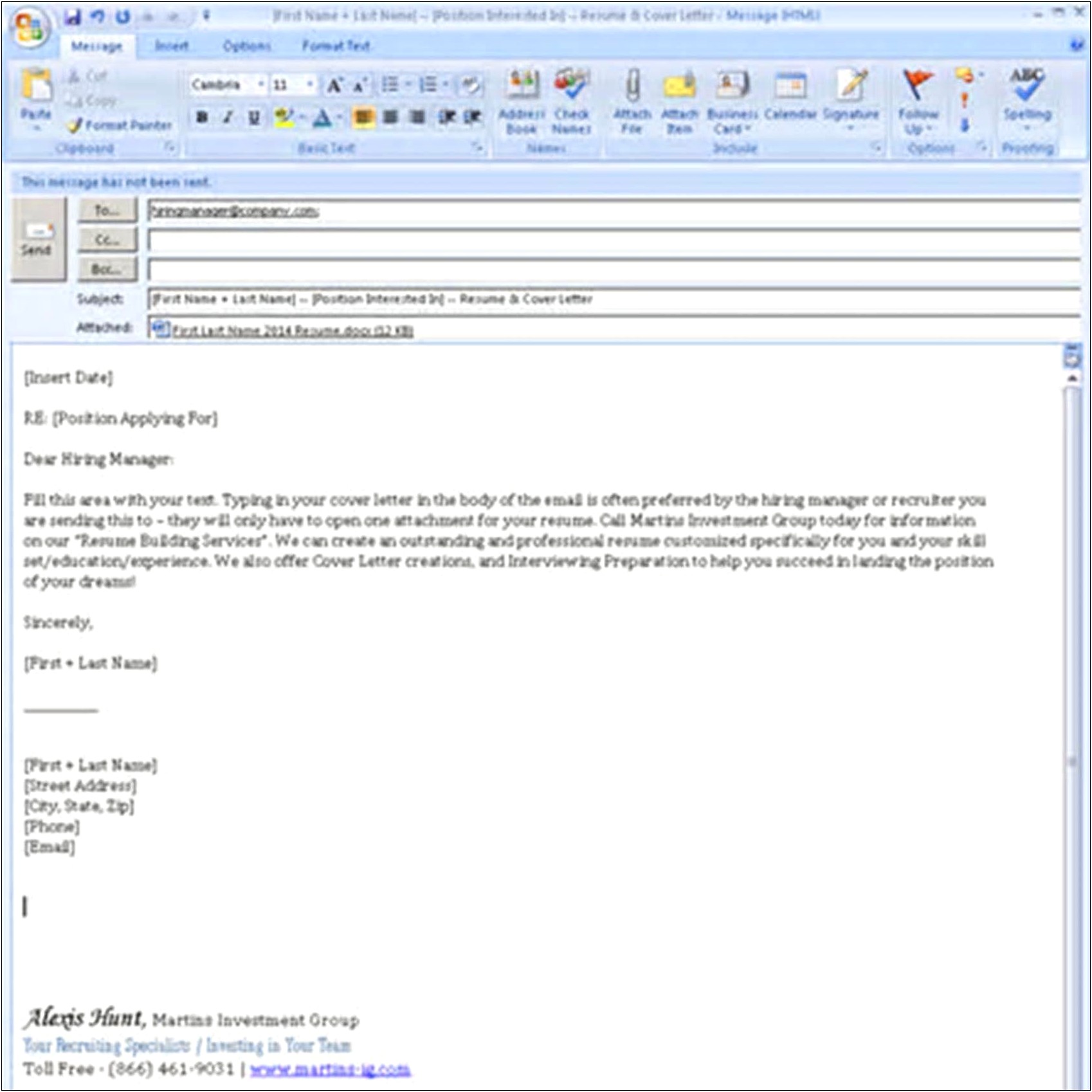 Sample Cover Letter For Sending Resume Via Email