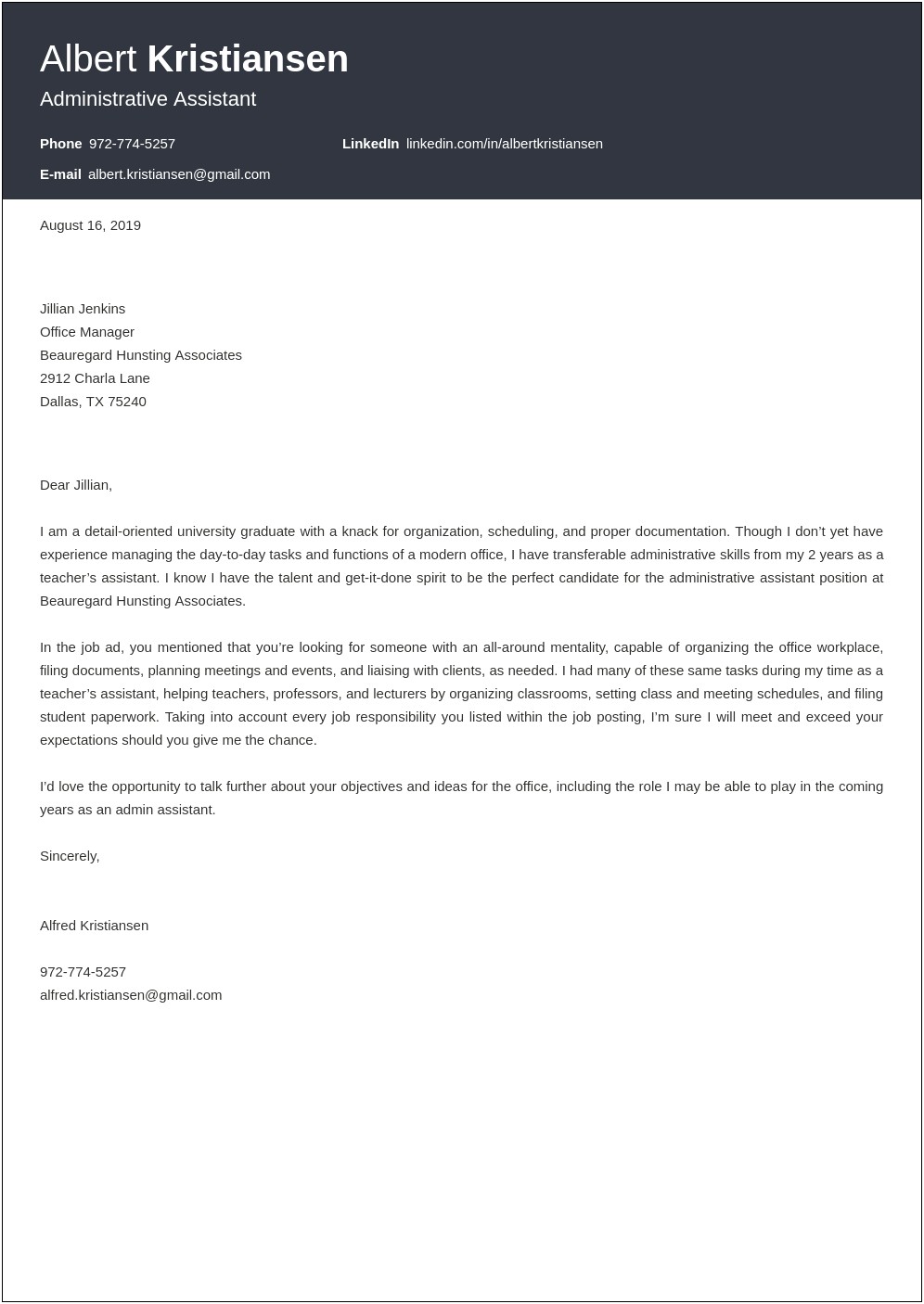 Sample Cover Letter With Resume Administrative