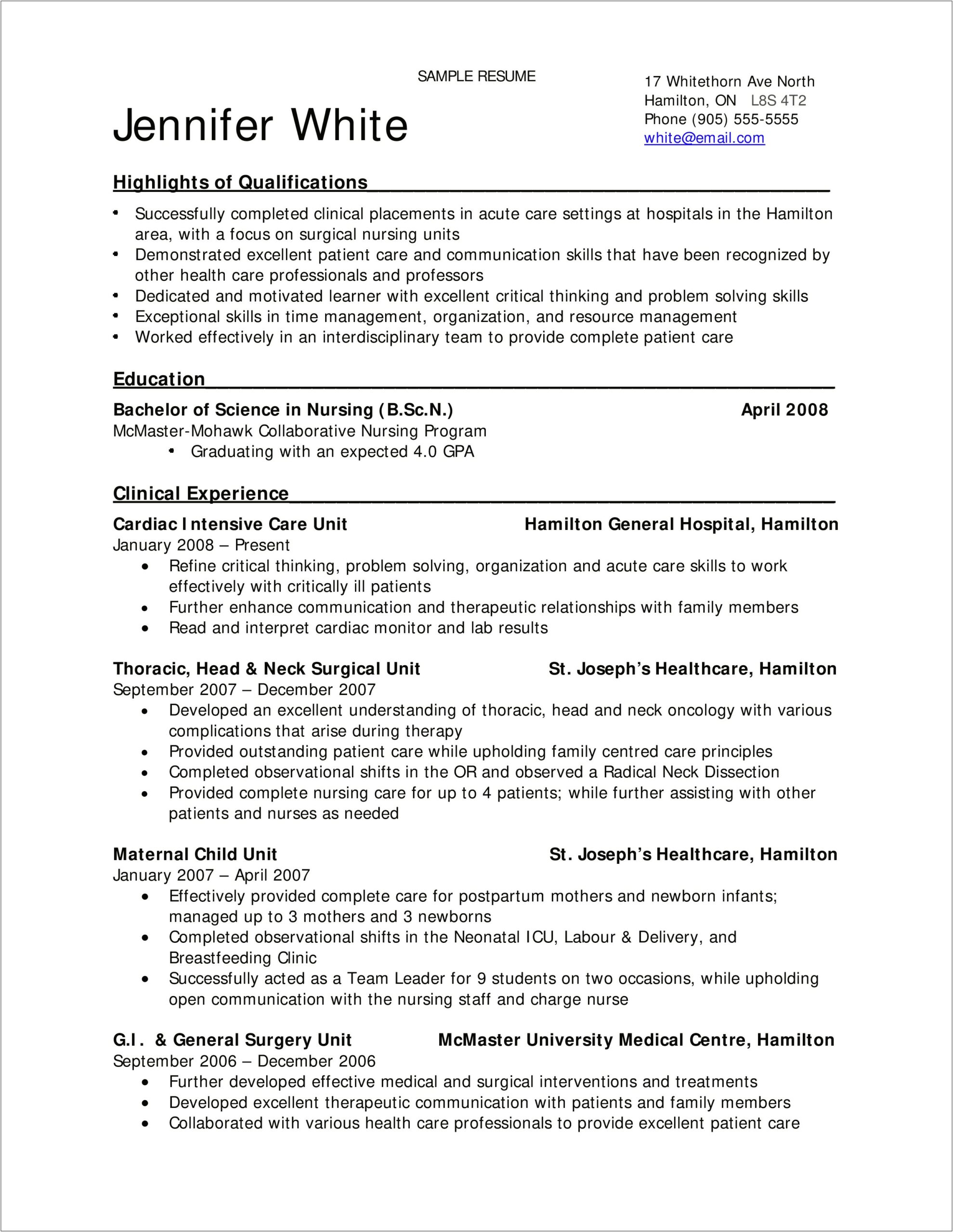 Sample Critical Care Skills Section On Resume