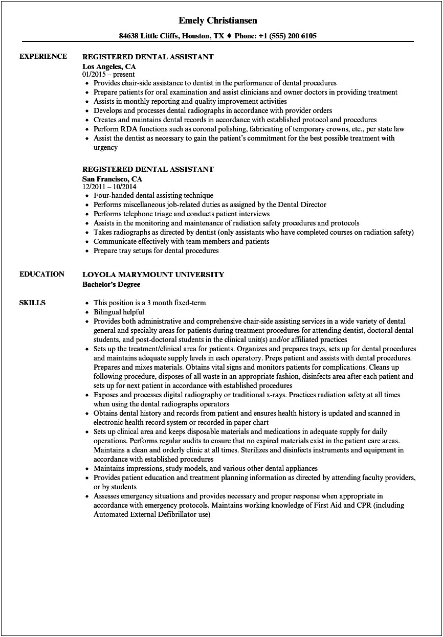 Sample Dental Assistant Resume No Experience