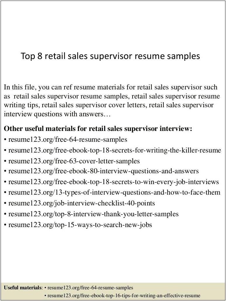 Sample Department Store Sale Supervisor Resume
