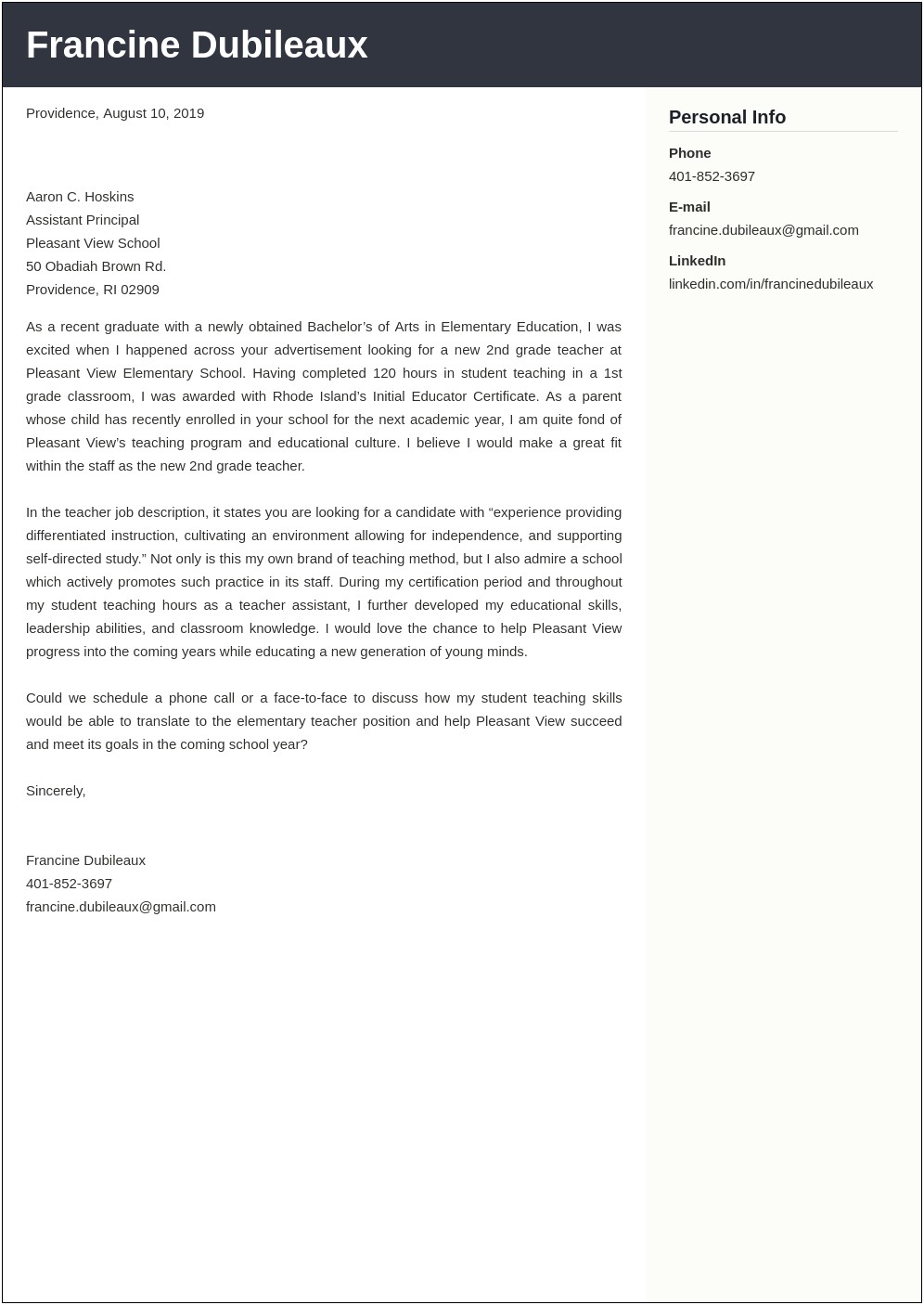 Sample Elementary Teacher Cover Letter For Resume
