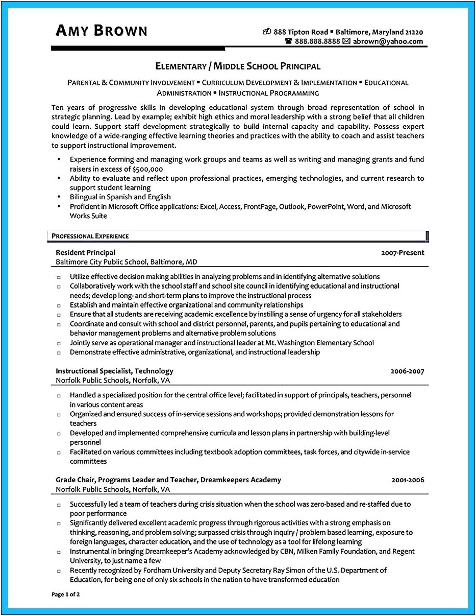 Sample Entry Level Assistant Principal Resume