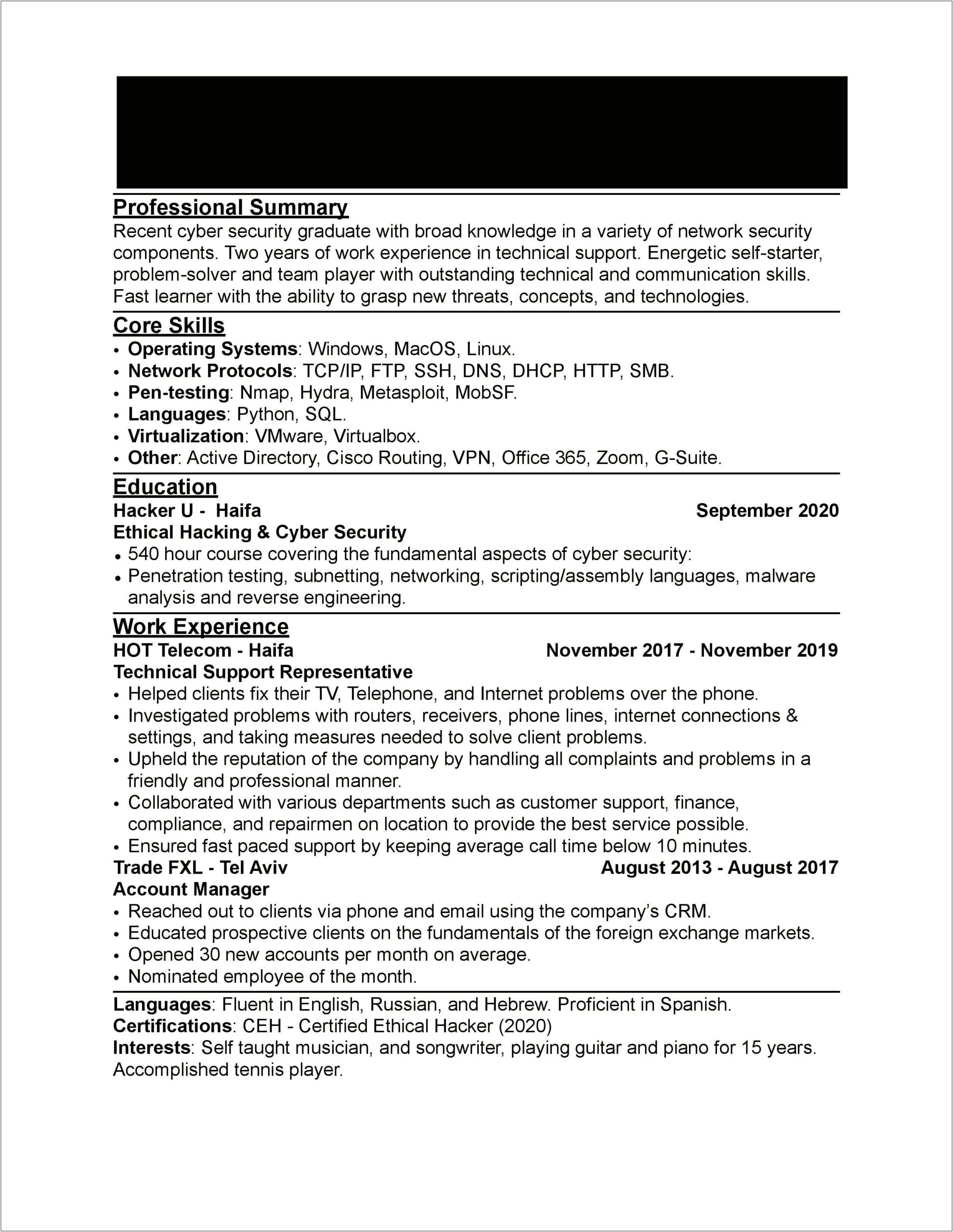 Sample Entry Level Cyber Security Resume