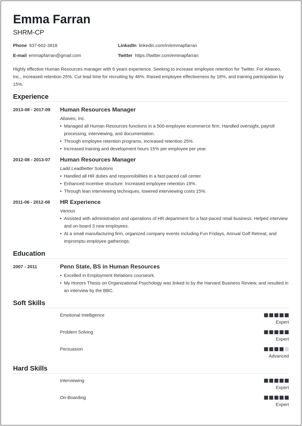 Sample Entry Level Human Resource Administration Resume Objectives