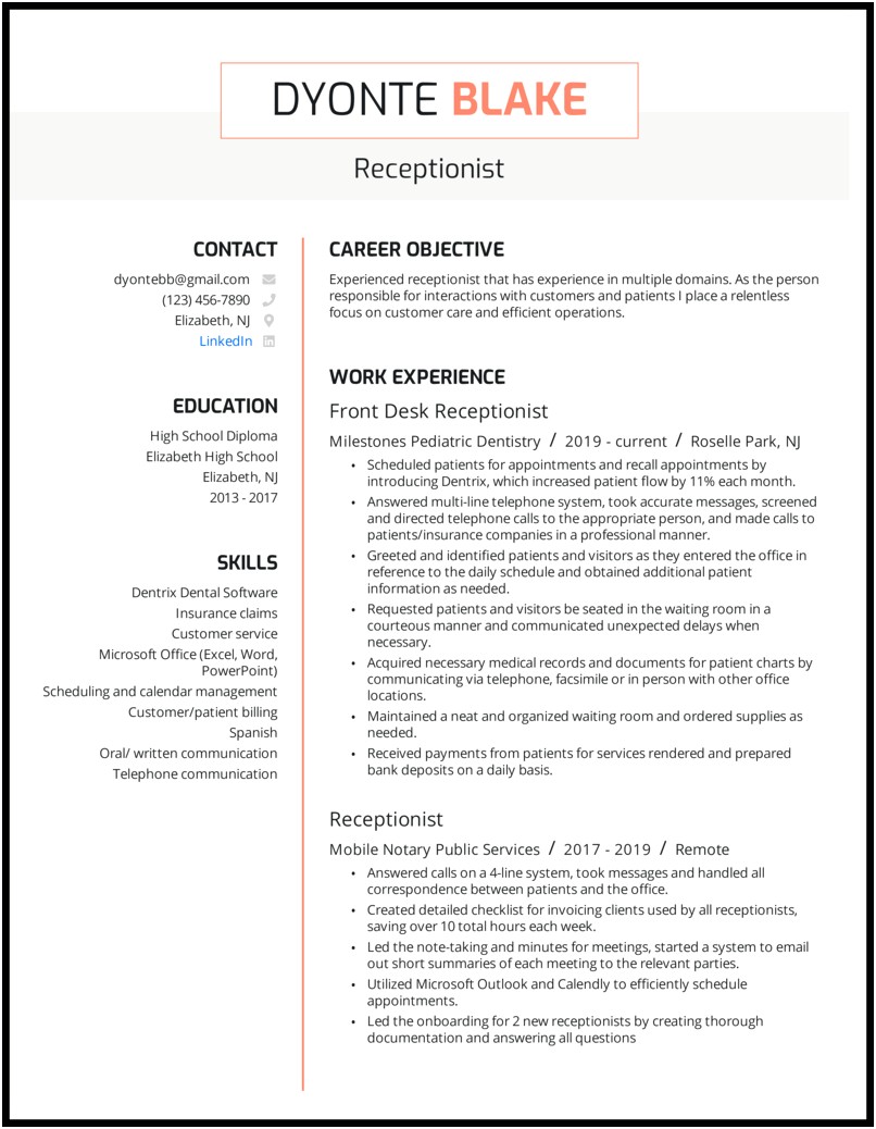 Sample Entry Level Medical Receptionist Resume