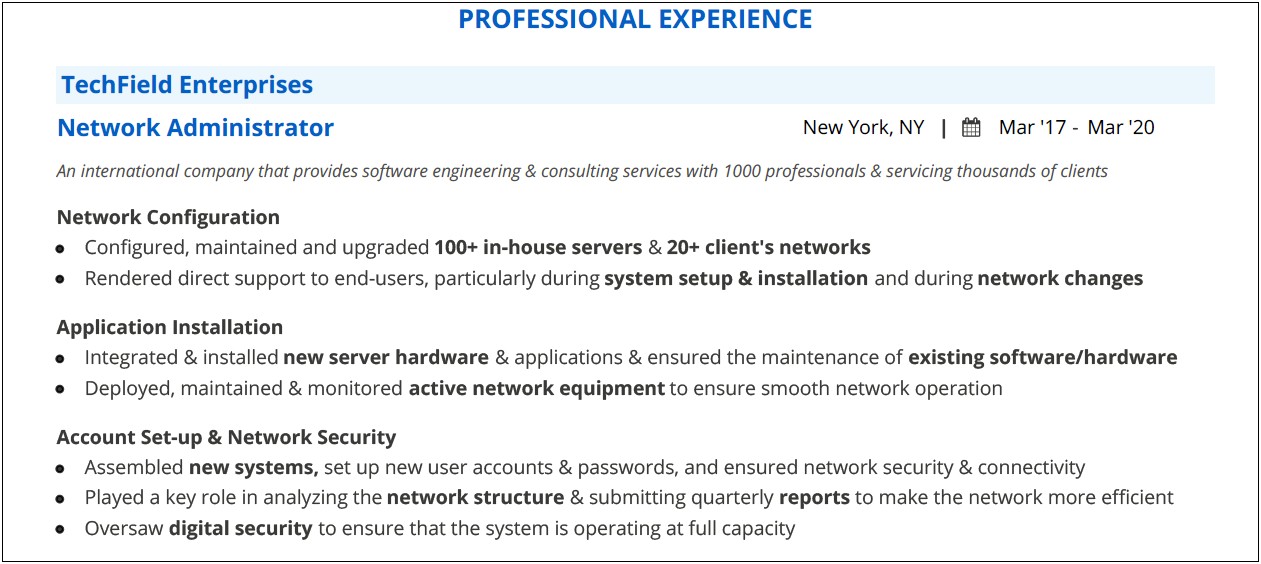 Sample Entry Level Network Administrator Resume