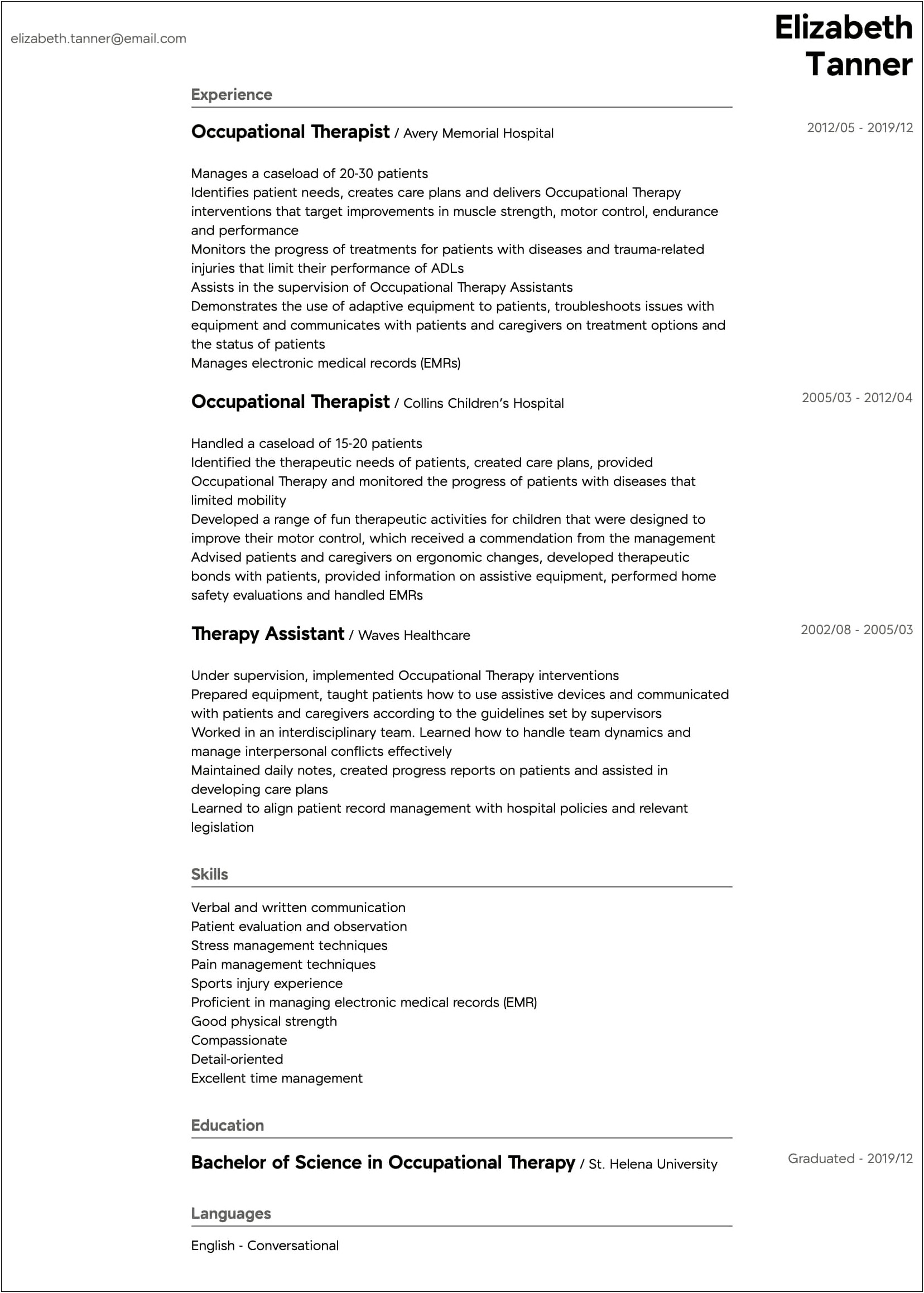 Sample Entry Level Occupational Therapy Assistant Resumes