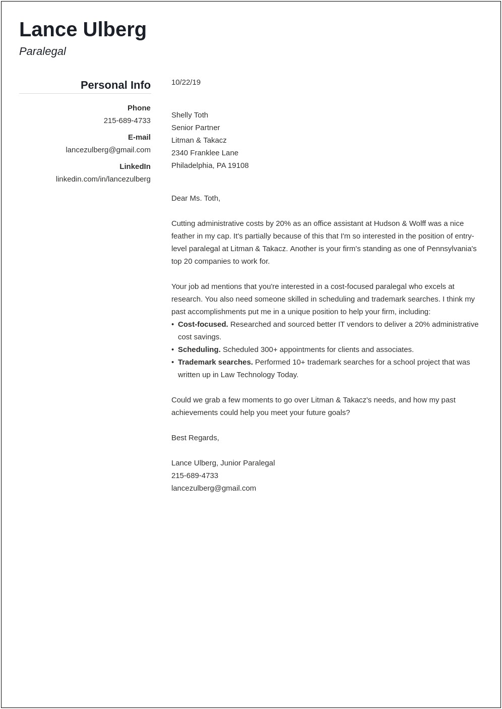 Sample Entry Level Paralegal Resume Cover Letter