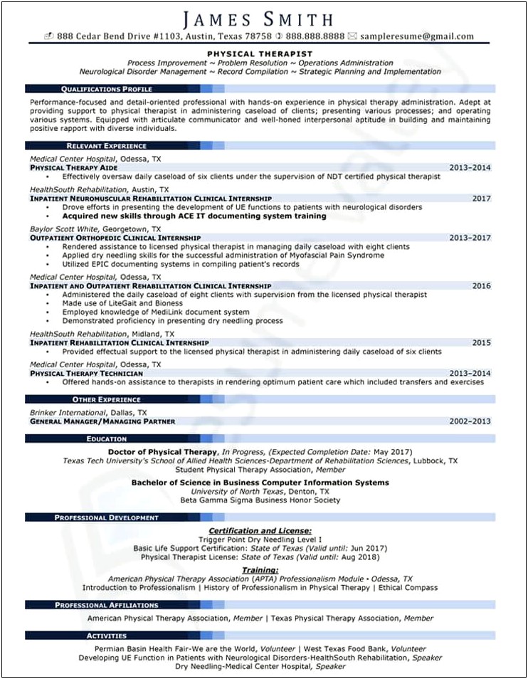 Sample Entry Level Physical Therapy Resume