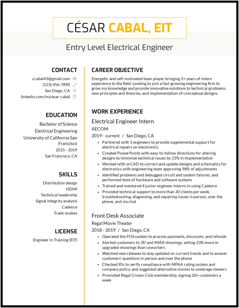 Sample Entry Level Resume For Electrical Engineering