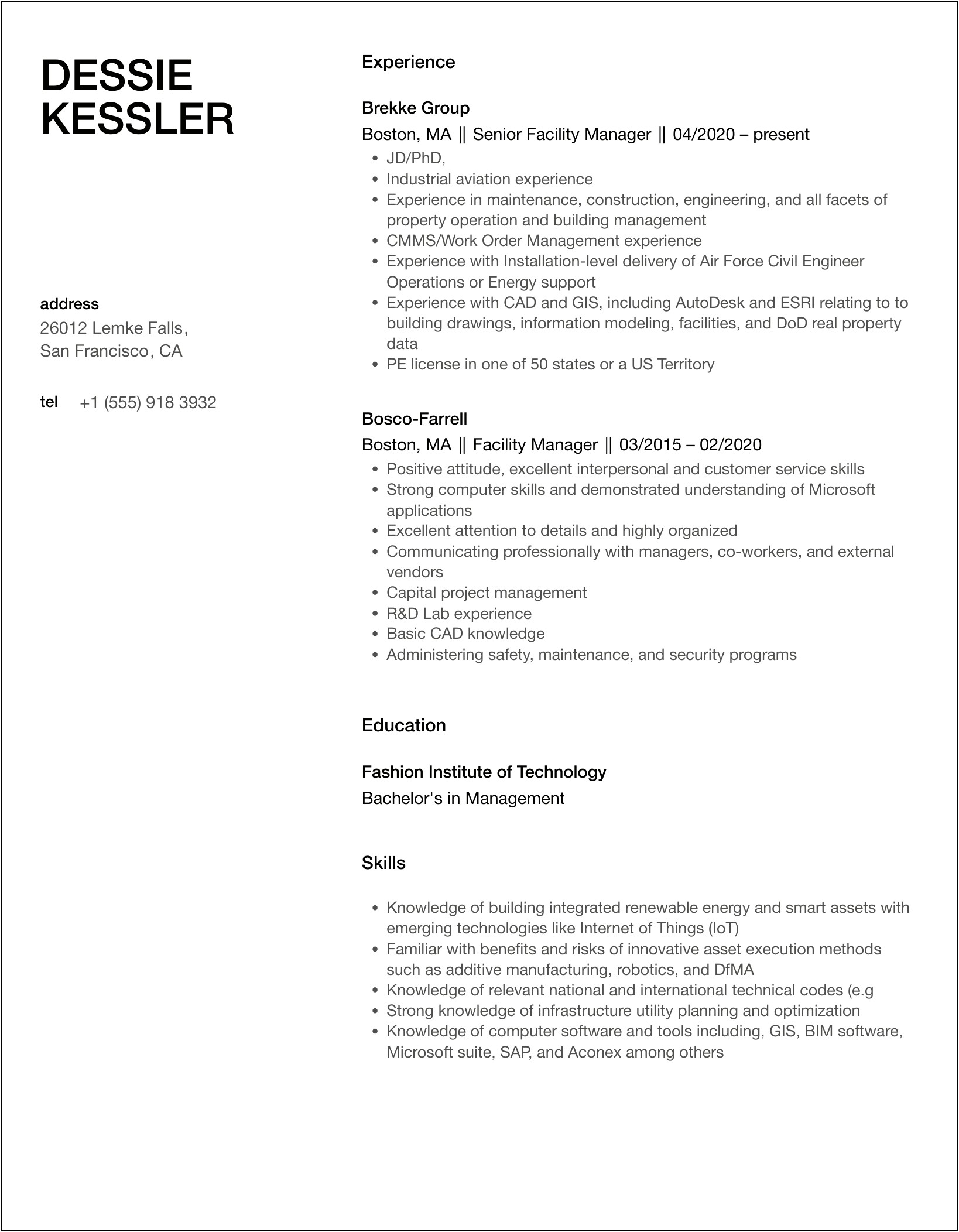 Sample Federal Facility Space Manager Resume