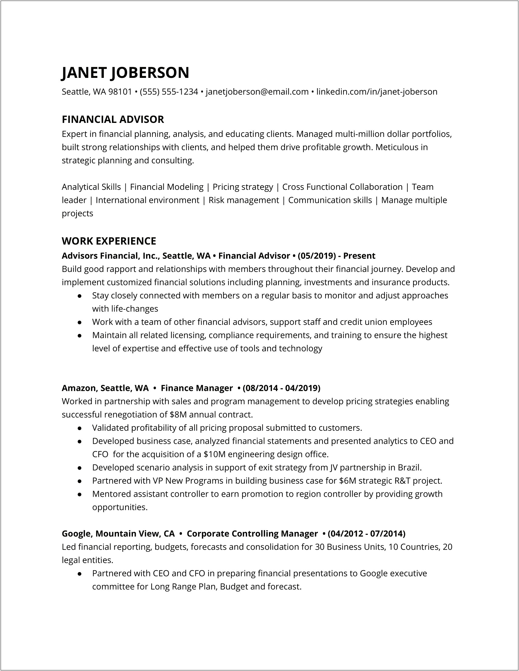 Sample Financial Planning And Analysis Manager Resume