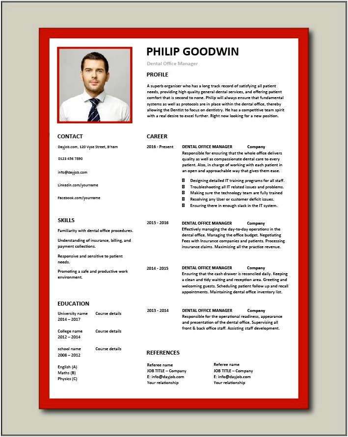 Sample Free Resume Format In Dental Manager Field