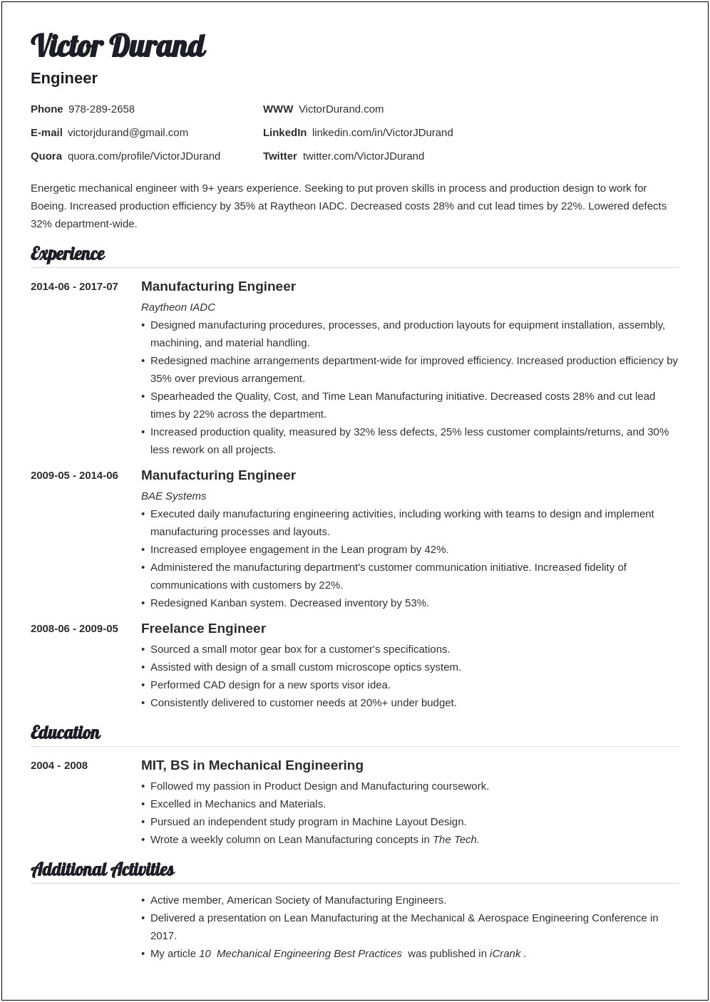 Sample Functional Resume For Engineer