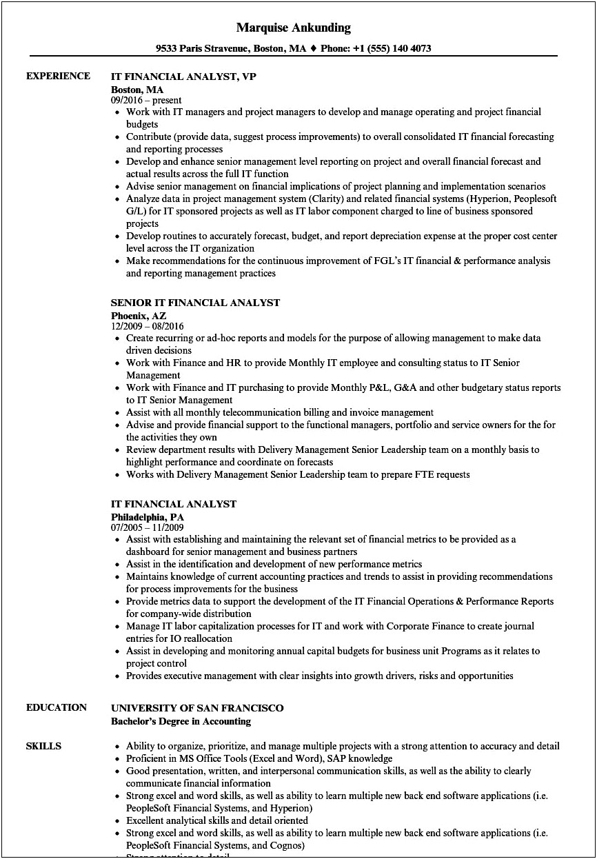 Sample Functional Resume For Financial Analyst