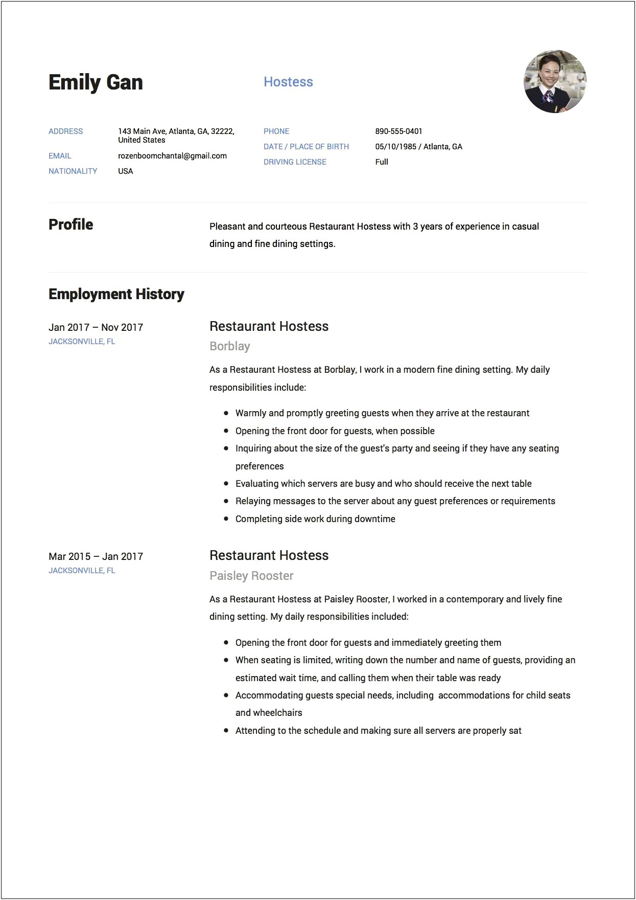 Sample Hostess Job Description For Resume